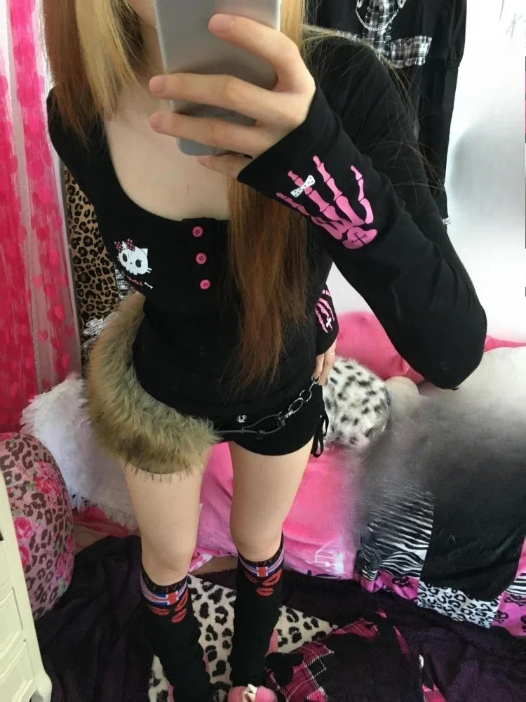 Y2K Vintage Cartoon Print T-Shirt Women 2025, Punk Streetwear Harajuku Bodycon Tee for Autumn