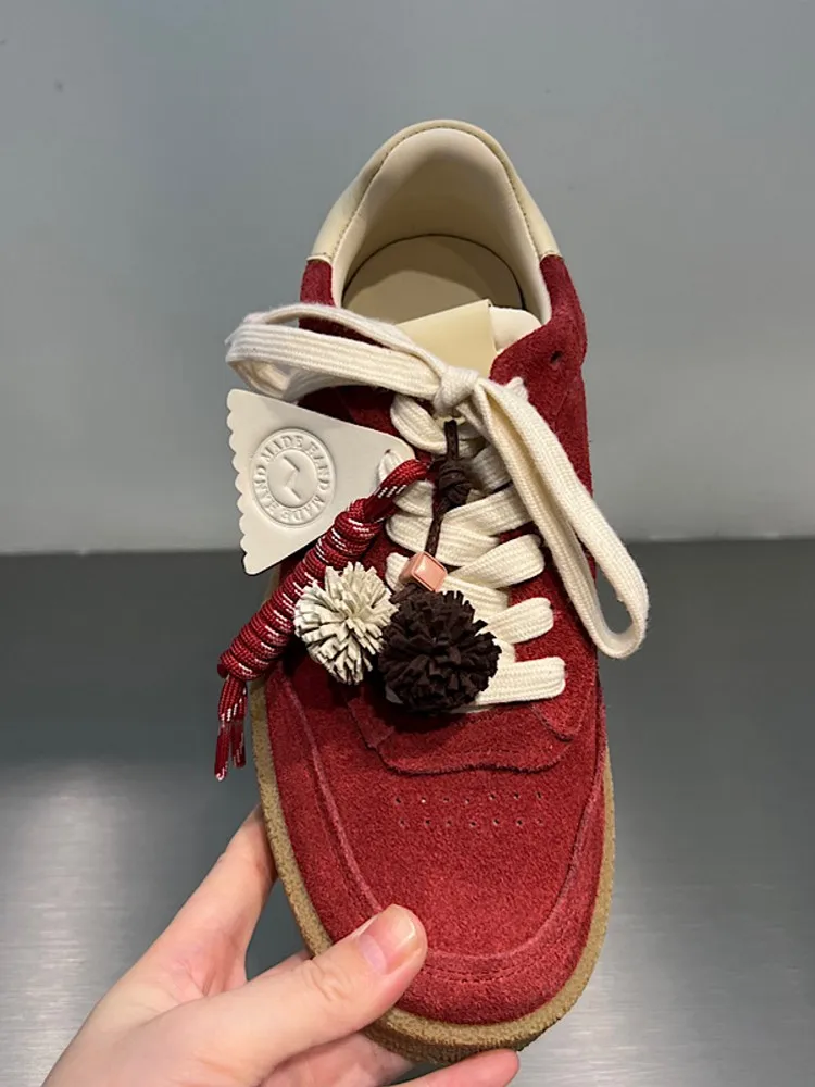 Fashion Designer Women Comfortable Tassel Cow Suede Leather Pumps Round Toe Lace Up Skateboard Mid Heels Versatile Female Shoes
