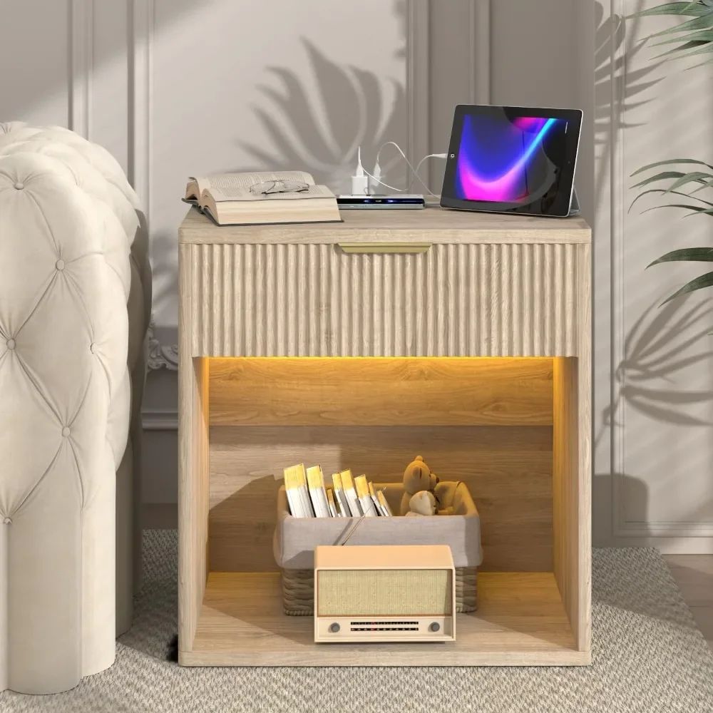 

Fluted Nightstand with Charging Station, 23” Wide Modern Bedside Table with Drawer, Mid Century Nightstand End Table for