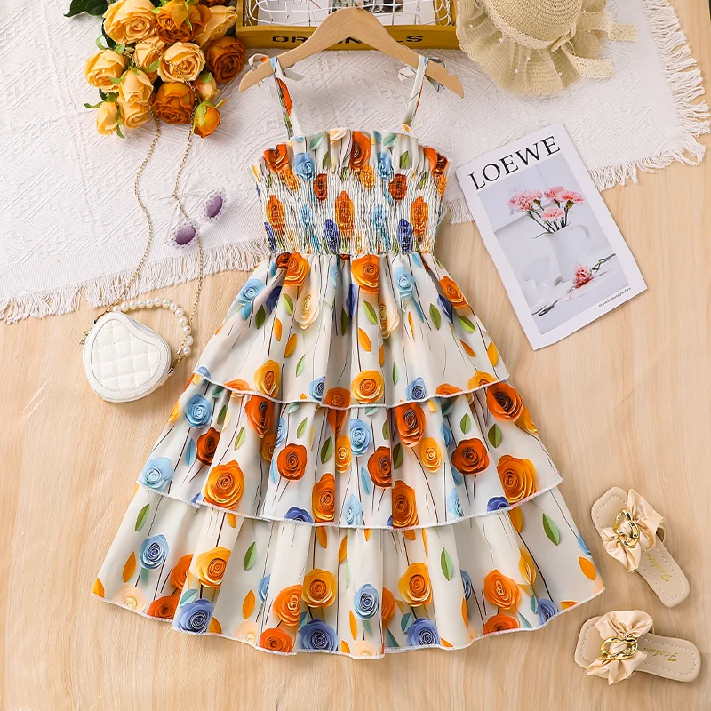 

Summer 2025 new casual camisole dress for girls, printed cake skirt with a unique style