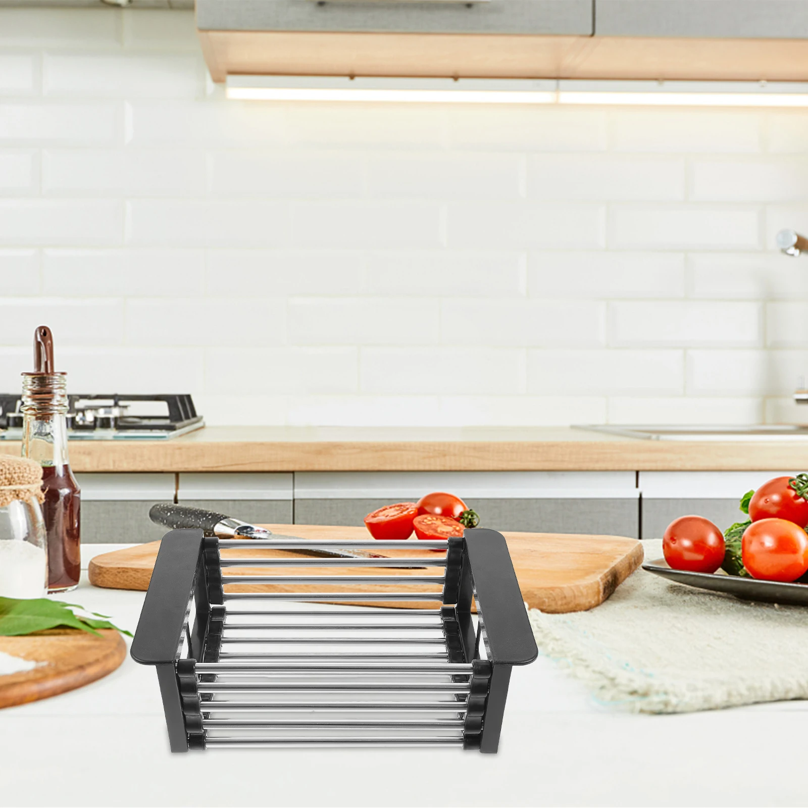 

1pc Retractable Drain Rack Stainless Steel Silicone Sink Shelf Kitchen Storage Shelf Foldable Dish Rack Non-Slip