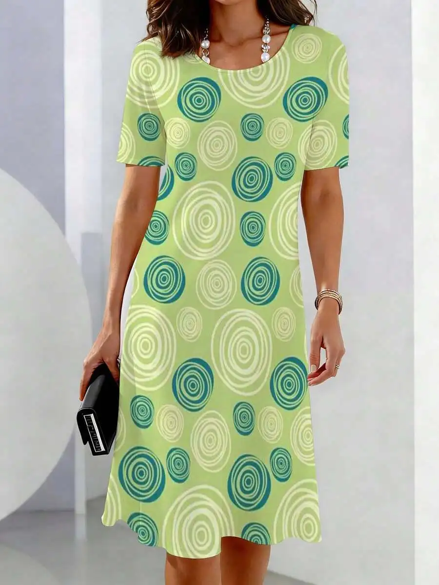 

Womens Casual Green Blue Circular Pattern Short Sleeve Crew Neck Dress For Leisure