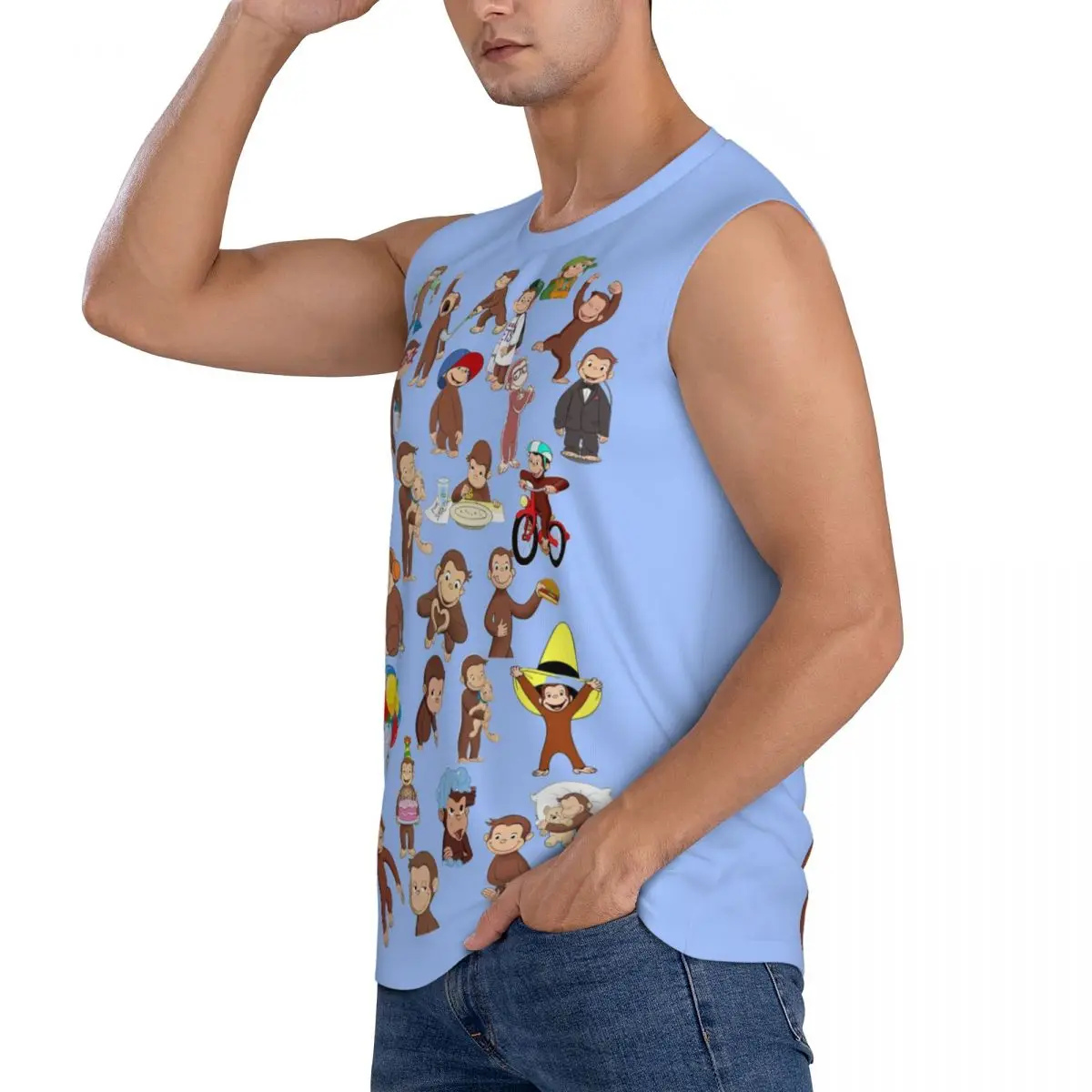 Anime Curious George Monkey Men Sleeveless Tank Tops Quick Dry Breathable Gym Fitness Running Summer Casual Sport Vest