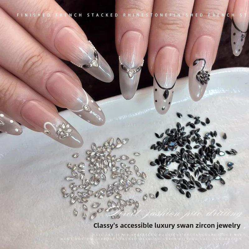 LLJ 50pcs Zircon Swan Spliced Nail Rhinestones Luxury Premium Clear Black Mini Marquise Teardrop Flat Back Nail Art Decor