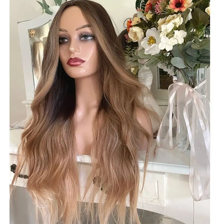 Perruque Lace Front Wig synthétique sans colle, cheveux ondulés, couleur blond miel ombré brun, avec naissance des cheveux pre-plucked