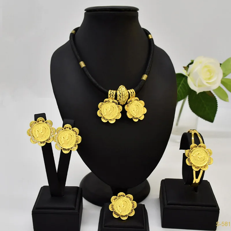New Middle East Dubai Alloy Jewelry Set Four Piece Black Rope Long Necklace Pendant Coin African Bride Wedding Jewelry DD10282