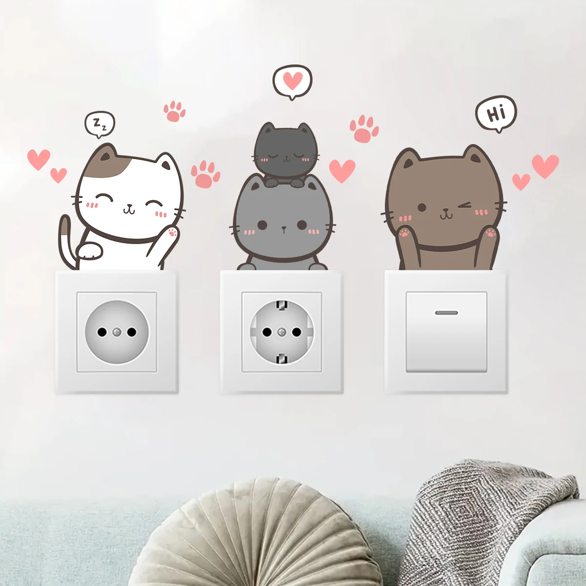 6pcs Set Cartoon Cute Dog Cat Removable Switch Stickers for Kids Room Decor Self-adhesive Wall Decals Bedroom Decoration