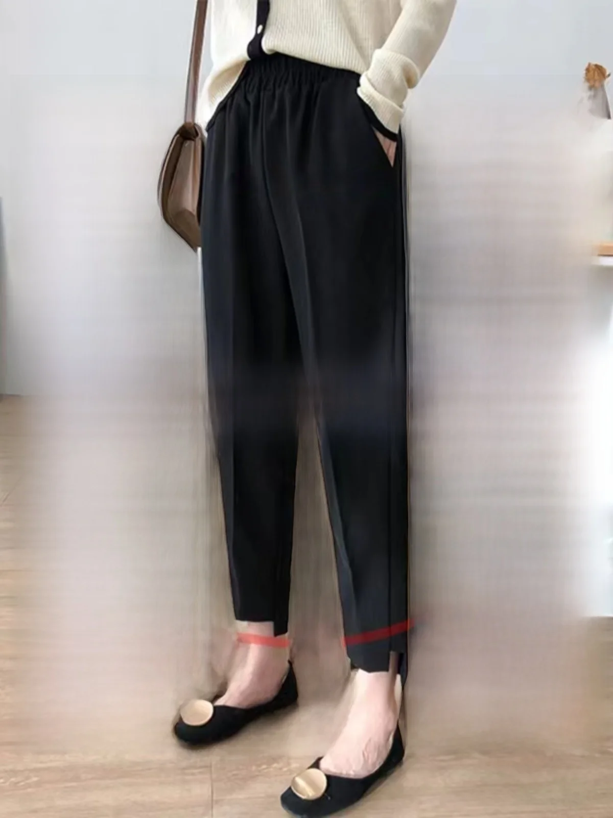 

plus Size Women's Casual Straight Leg Pants Thin Black Suit Pants High Waist Korean Style Commute Fashion Spring Autumn Wear