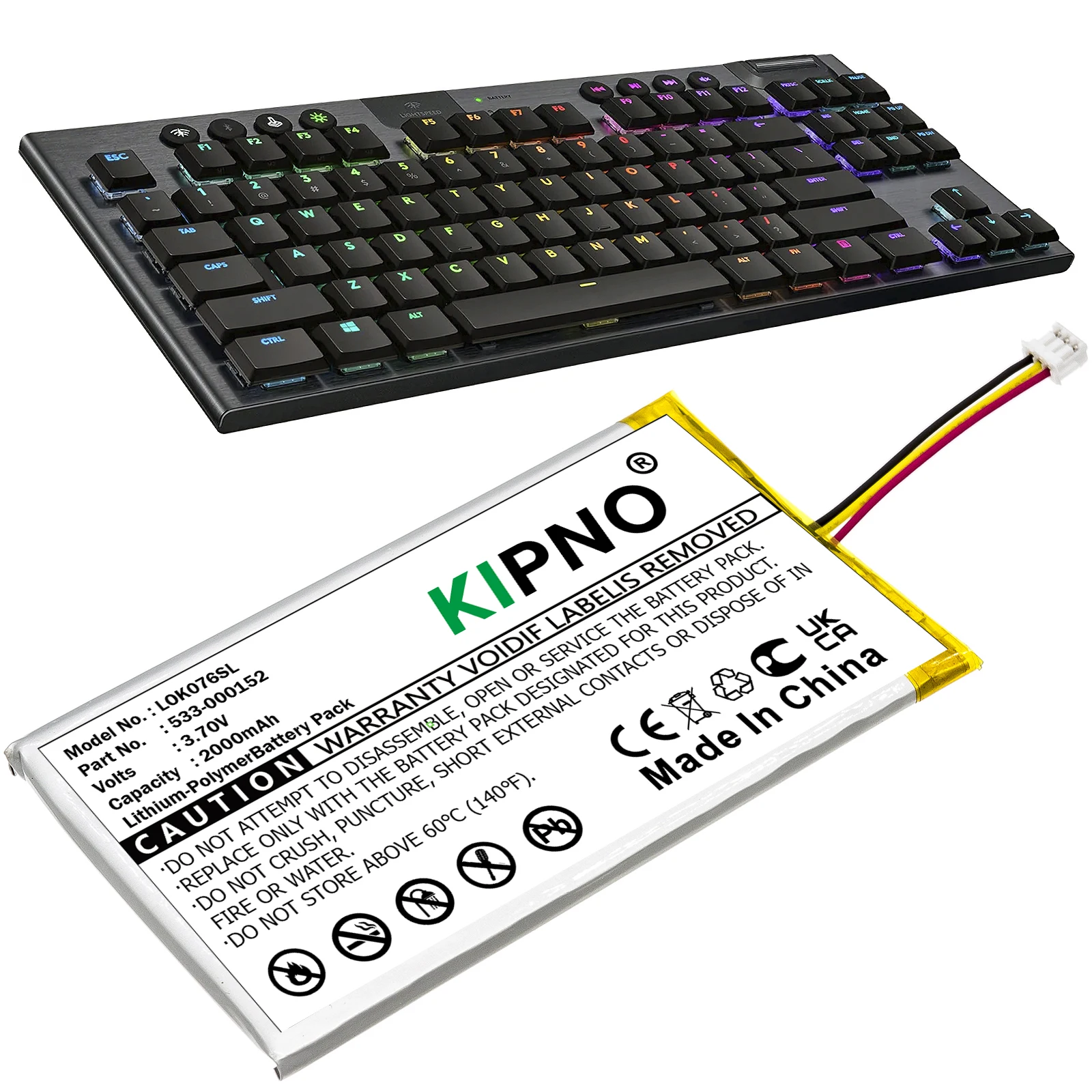 

KIPNO 2000mAh Keyboard Battery 533-000152, AHB355085PCT-02, L/N: 2012 for Logitech G913 TKL, G913, YR0076