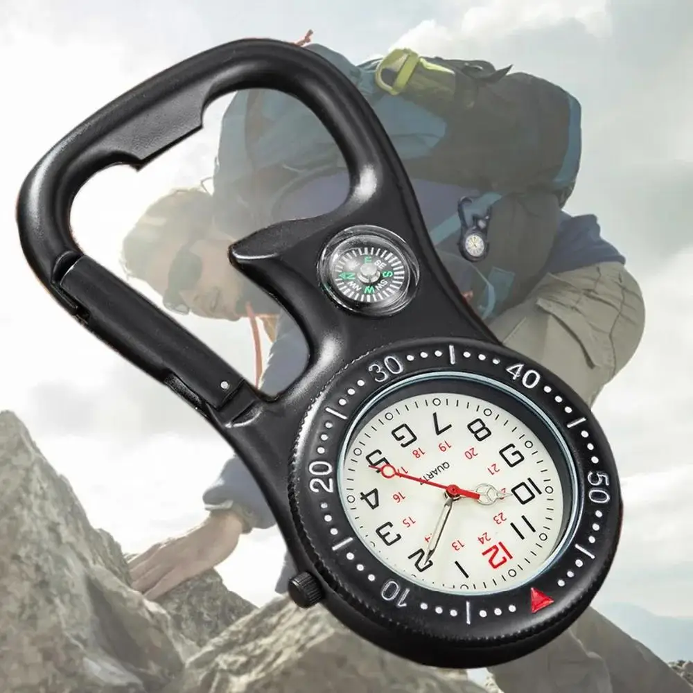 High Quality Outdoor Clip-on Quartz Watch Backpack Pocket Fob Watch Carabiner Climbing Analogue Clock With Compass Bottle Opener