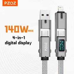 PZOZ 4 in 1 140W PD USB C Cable Digital Display Fast Charging For iPhone 15 14 13 Pro Max MacBook iPad USB Type C Cord Charger