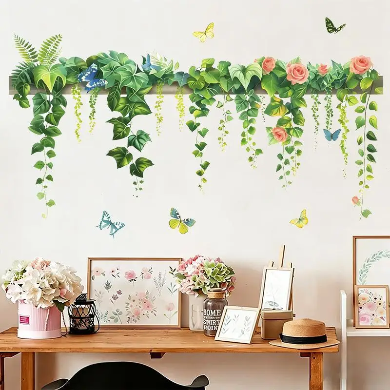 Green Vine Wall Decals With Pink Roses Butterfly Removable Self Adhesive For Bedroom Living Room Decor
