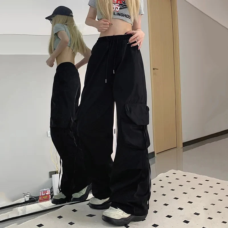 Streetwear Cargo Pants Women Y2K High Waist Loose Solid Wide Leg Pants Bf High Summer Fashion Baggy Pocket Straight Trousers
