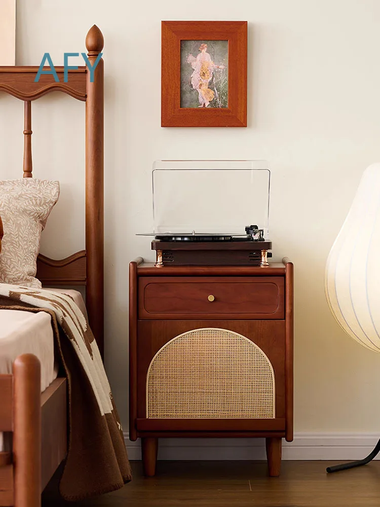 Retro Solid Wood Rattan Woven Bedside Table for Small Spaces Narrow Living Room Storage Cabinet Bedroom Nightstand Furniture