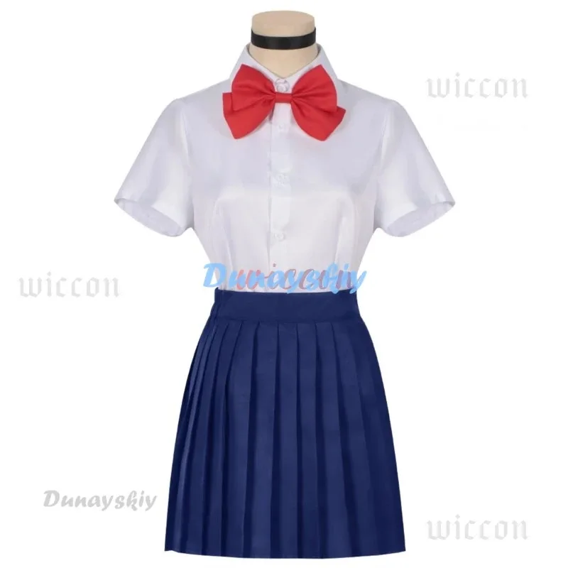 Momo Ayase-Peluca de disfraz para mujer, uniforme escolar JK de Anime Dandadán, pendientes, suéter rosa, falda, fiesta de Halloween
