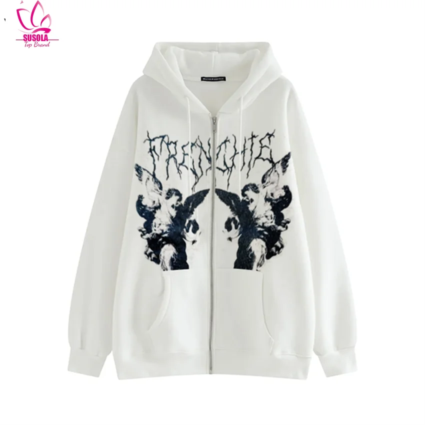 

Women's Y2K Hoodie Zip-up Sweatshirt Angel Printing Jacket Loose Long Sleeve Pockets Streetwear Hip Hop Trend Men Women Coat y2k