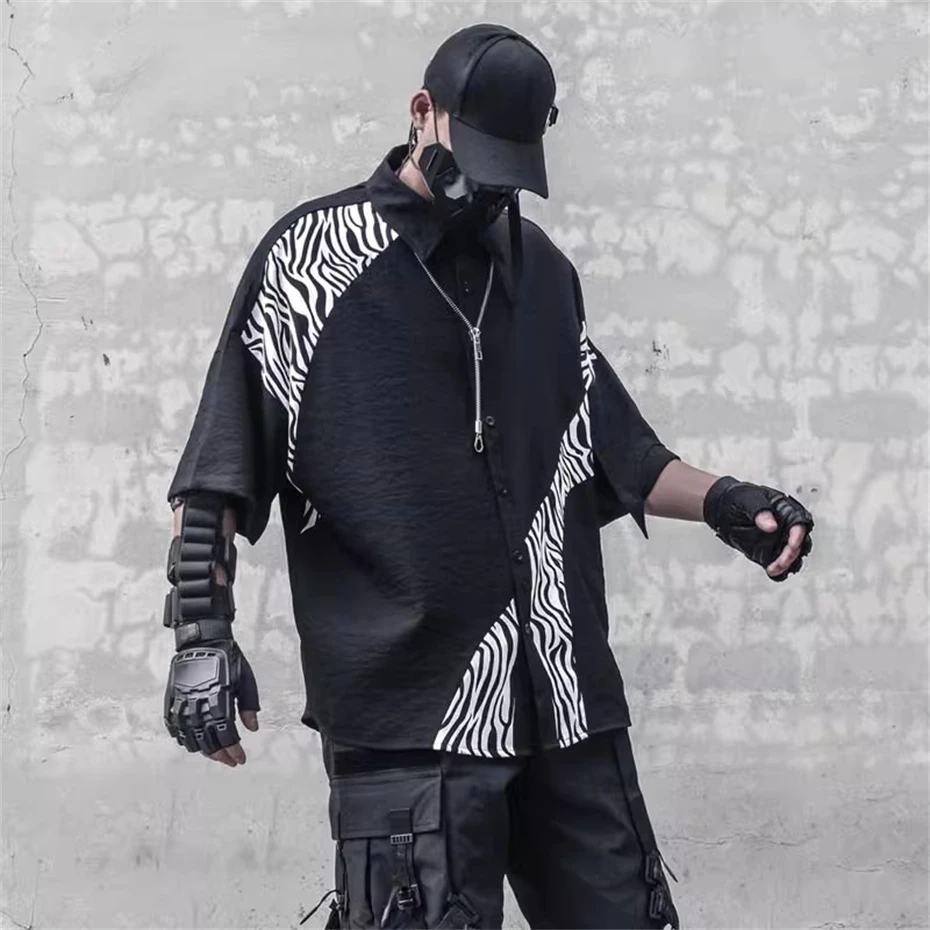 

Повседневные рубашки в полоску зебры, мужские рубашки большого размера с короткими рукавами, уличная одежда в стиле панк, летняя тонкая рубашка в стиле Харадзюку, пальто, техническая одежда