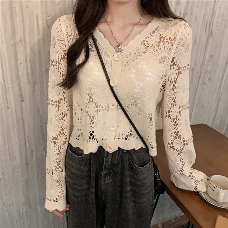 V-neck Button-Front Long-Sleeve Lace Shirts Women Spring Summer Crochet Hollow Out Crop Top School Ladies Girls Beige White Tops