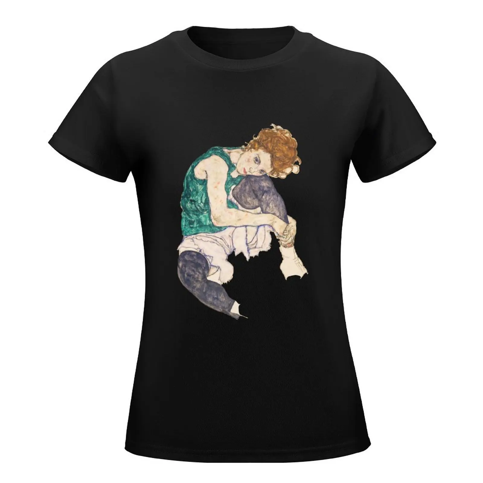 Seated Woman with Legs Drawn Up (Adele Herms) - Egon Schiele T-Shirt Female clothing tees T-shirts for Women