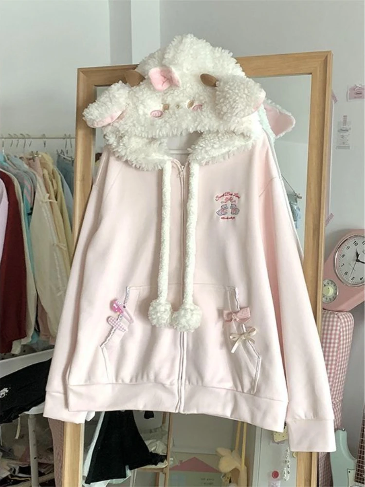 QWEEK Japanese Kawaii Sweet Hoodie 2024 Autumn Y2k Coquette Harajuku Korean Fashion Cute Embroidery Zip Up Sweatshirt