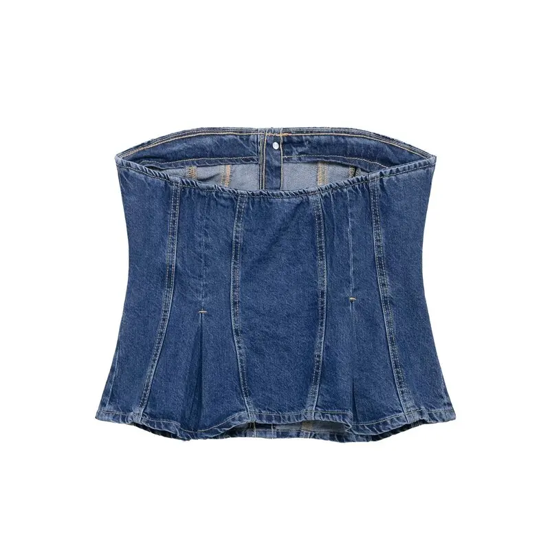 Spring 2025 Women's Fashion Versatile Denim Wrap Chest Bared Shoulder Straight Collar Top New Arrival Elegant Casual