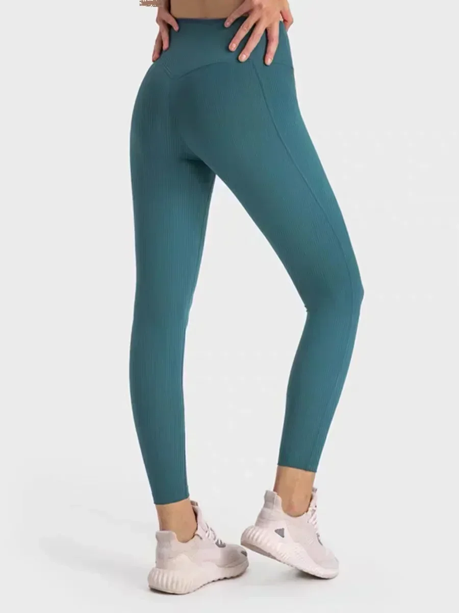 Limão Align-High Waist Sports Leggings para Mulheres, Tecido com nervuras, Yoga Calças Apertadas, Lift Hip, Calças de Exercício Fitness, Roupas Femininas