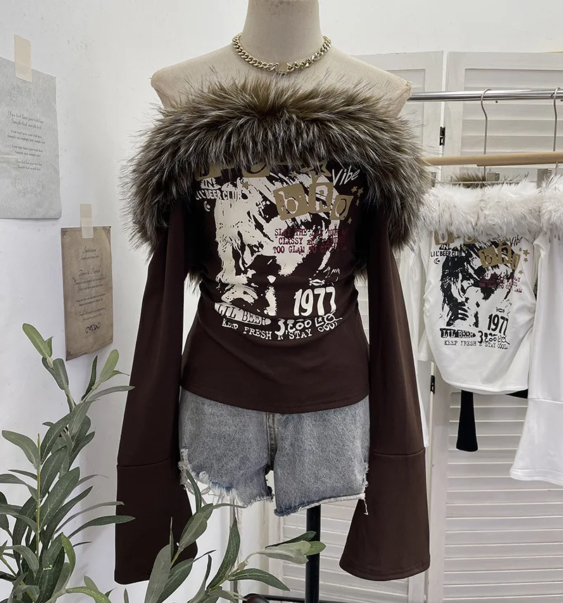 Removable Fur Collar One-word Shoulder Long-sleeved T-shirt Spice Girl Letter-printed Bottoming Shirt Top Women