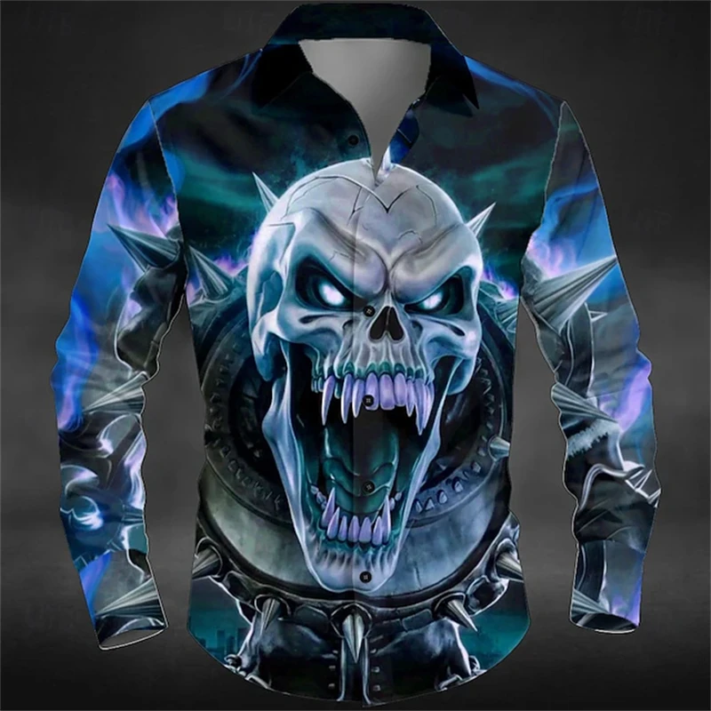 

New Men's Skull Print Shirt Dark Punk Gothic Style Outdoor Holiday Spring Autumn Turn-Down Collar 3D Print Button shirts for man