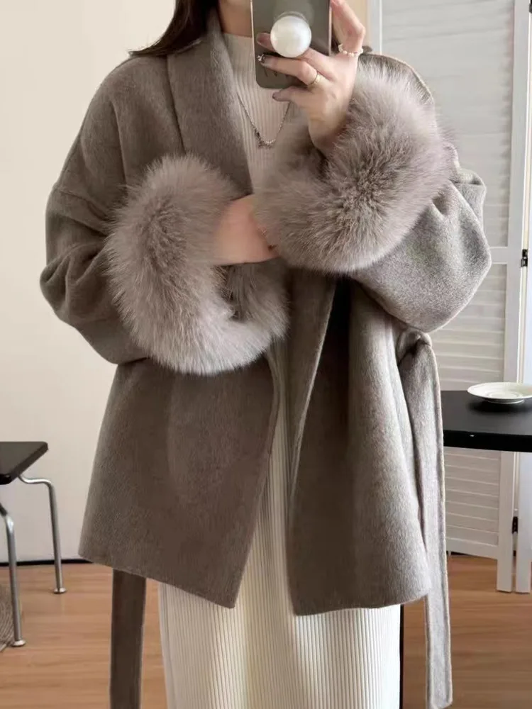 DFDG معطف صوفي قصير برباط من الكشمير للنساء بمزاج الموضة لخريف وشتاء 2024 مجموعة جديدة #3