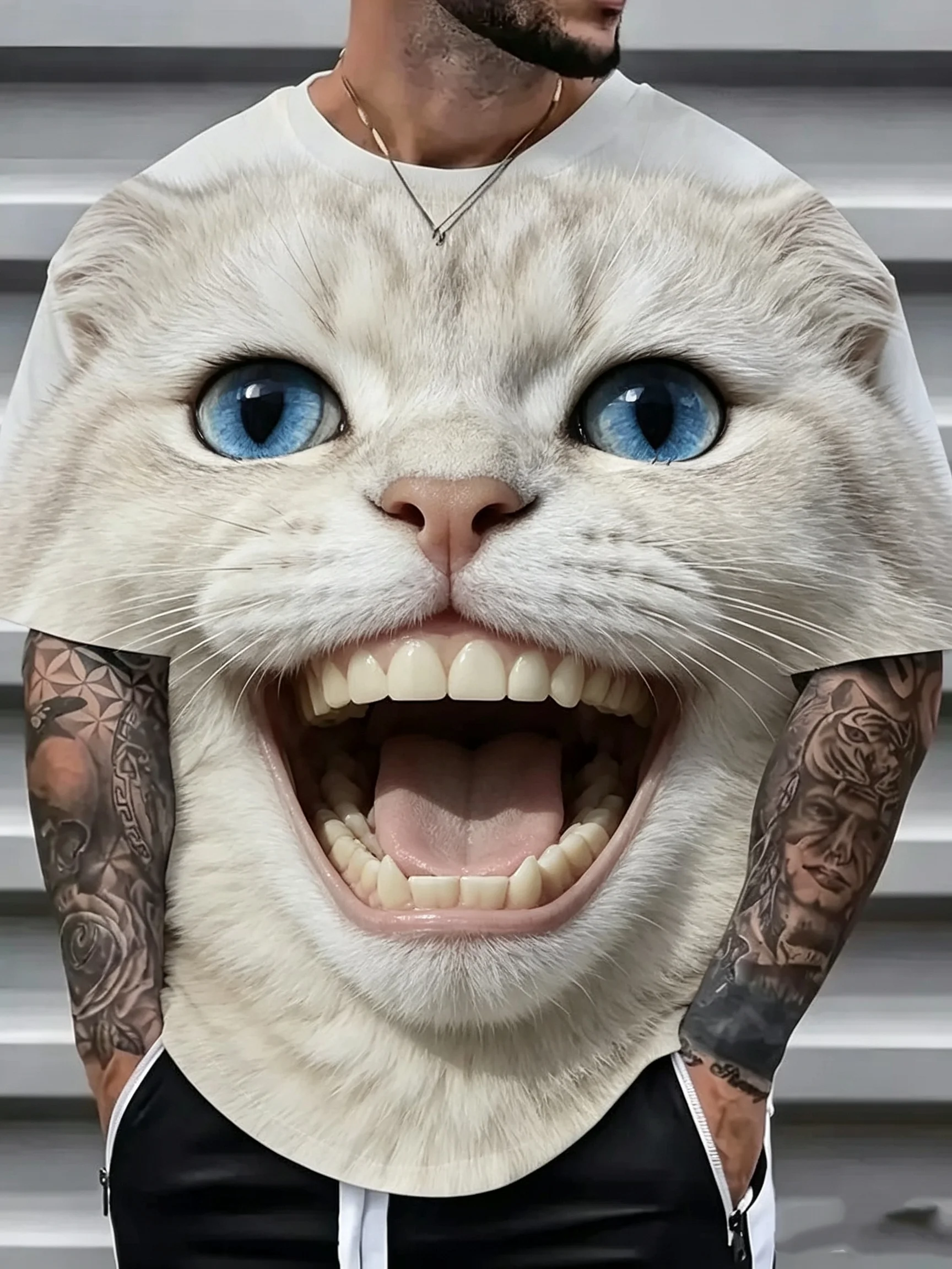 3D Terrifying Face Open Mouth Print Men's T-shirts Fashion Daily Short Sleeve T shirts Casual Crew Neck Y2k Tops Summer Clothing