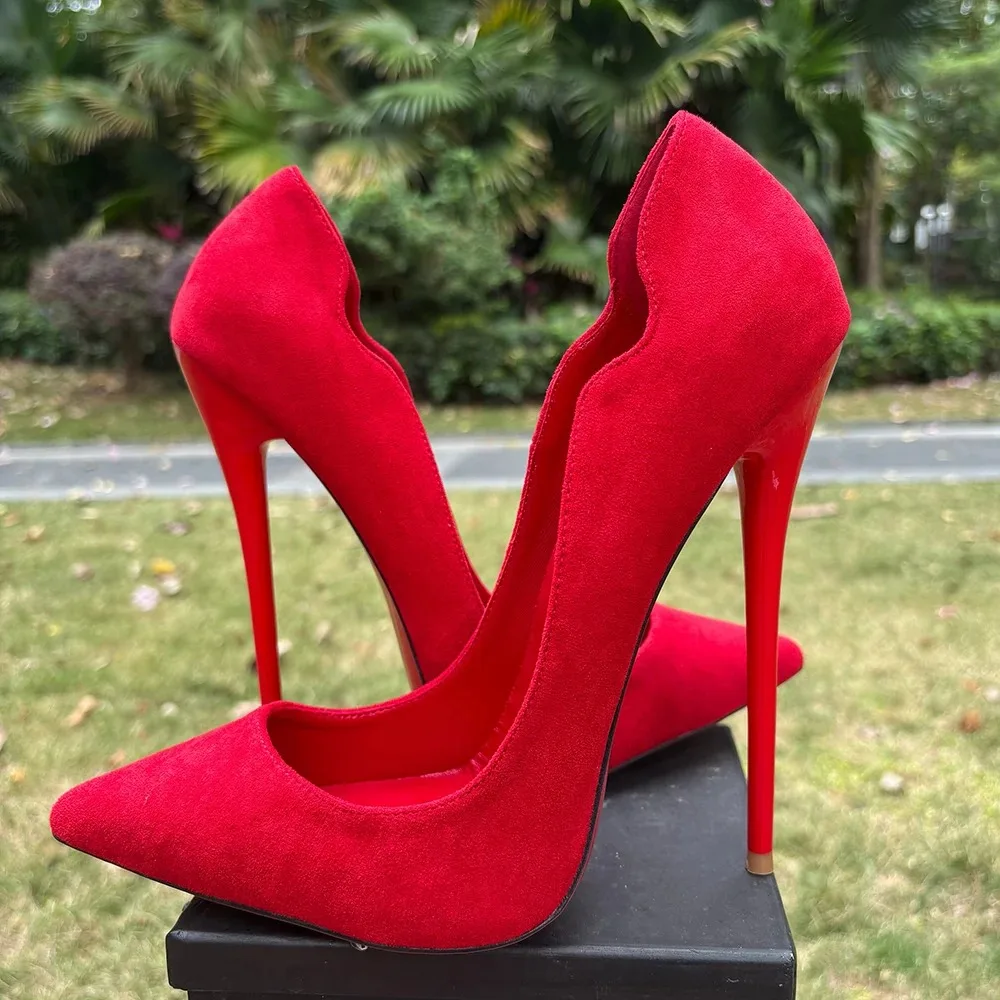 Customized Red Suede Pointed Toe 16cm Ultra High Heels V Cut Stiletto Pumps Pole Dance Catwalk Model Runway Party Dress Shoes