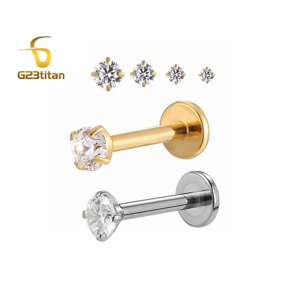 16G 18G Titanium Labret Stud Nose Lip Ring Ear Helix Tragus Earring 2-4mm Zircon 0.9mm Internally Threaded Body Piercing Jewelry