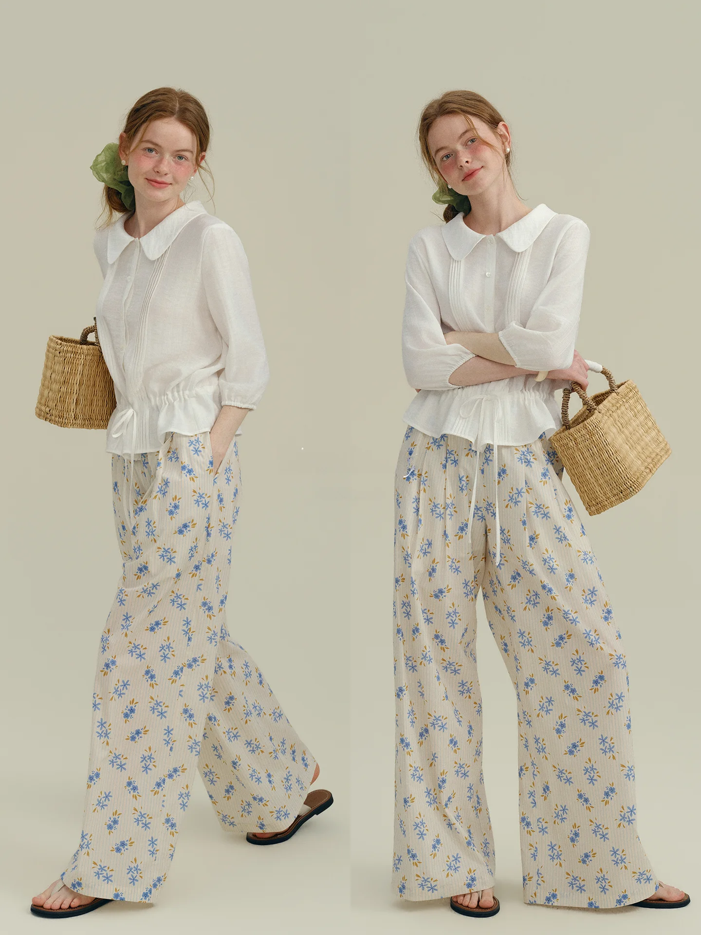 Rina Berry Summer Casual Loose Wide Leg Pants Floral Stripe Pattern Versatile Loose Fit Straight Cut Natural Waist Design