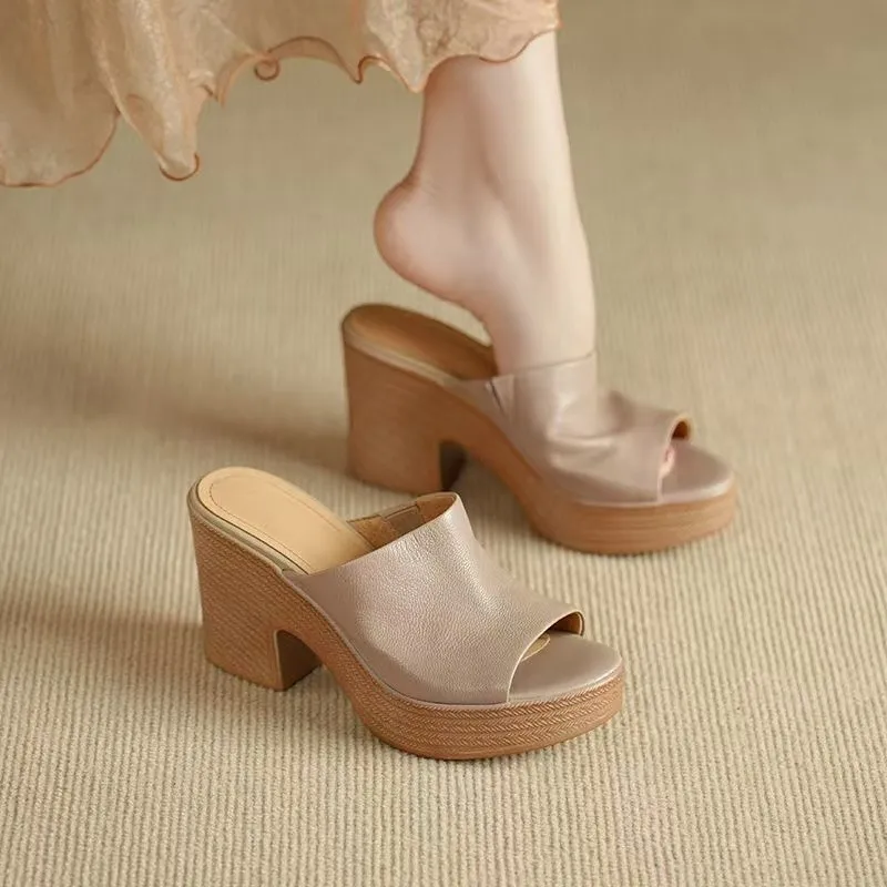 

Versatile Simple Soft Leather Round Toe Mule Half Slippers, Fashionable Thick High Heel Open-Toe Sandals for Women
