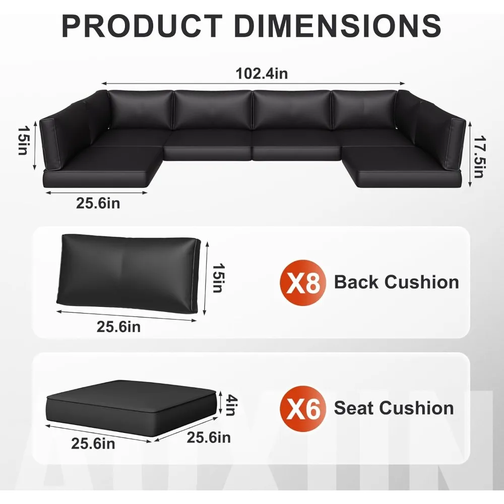 Deep Seat Outdoor Cushion Set for 6-Seat Wicker Sectional, 14-Piece Water-Resistant Replacement Cushions for Patio Furniture