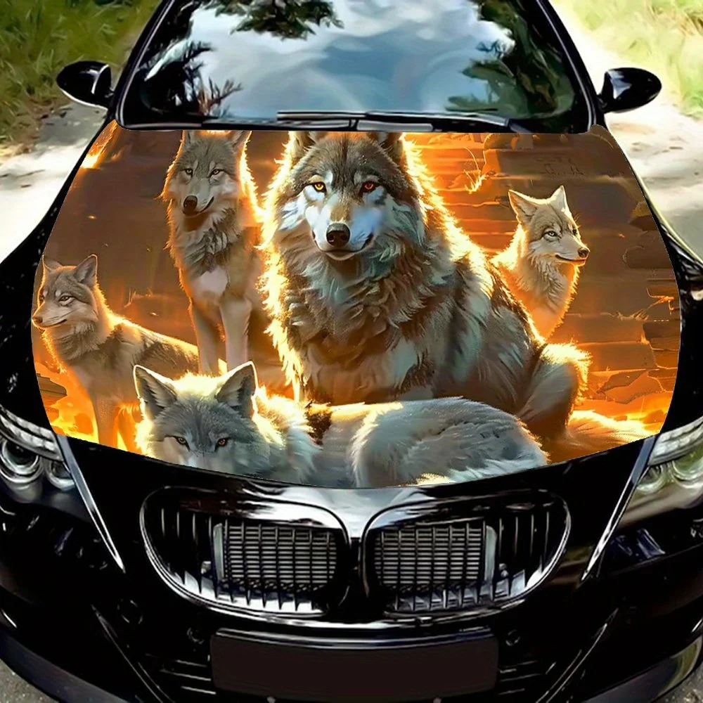 Cool Wolf Pack Car Cover Coating Under Urban Dusk, PVC Waterproof Car Cover Stickers, Self-adhesive Scratch Resistant Stickers,