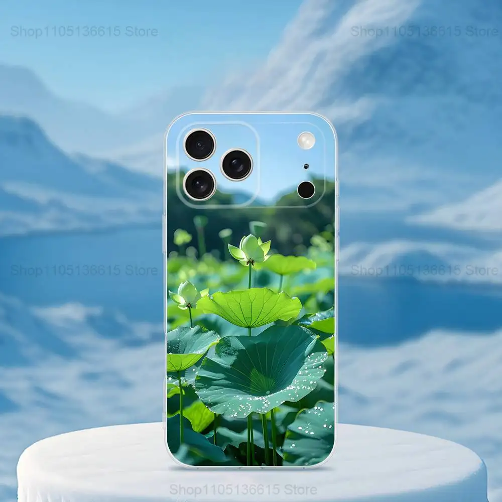 Funda de teléfono Nature Lotus Leaf para iPhone 16,15,14,13,12,11,17 Pro,Max,Plus,X,XS,XR,SE,Mini cubierta suave transparente