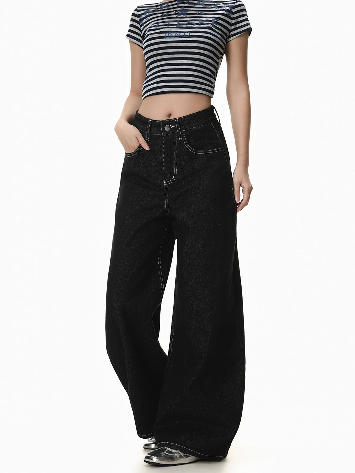 

FreeMary Retro Black Gold Original Denim Jeans Straight Leg Fashion Design Slimming Wide Leg Pants Street Style Casual Wear