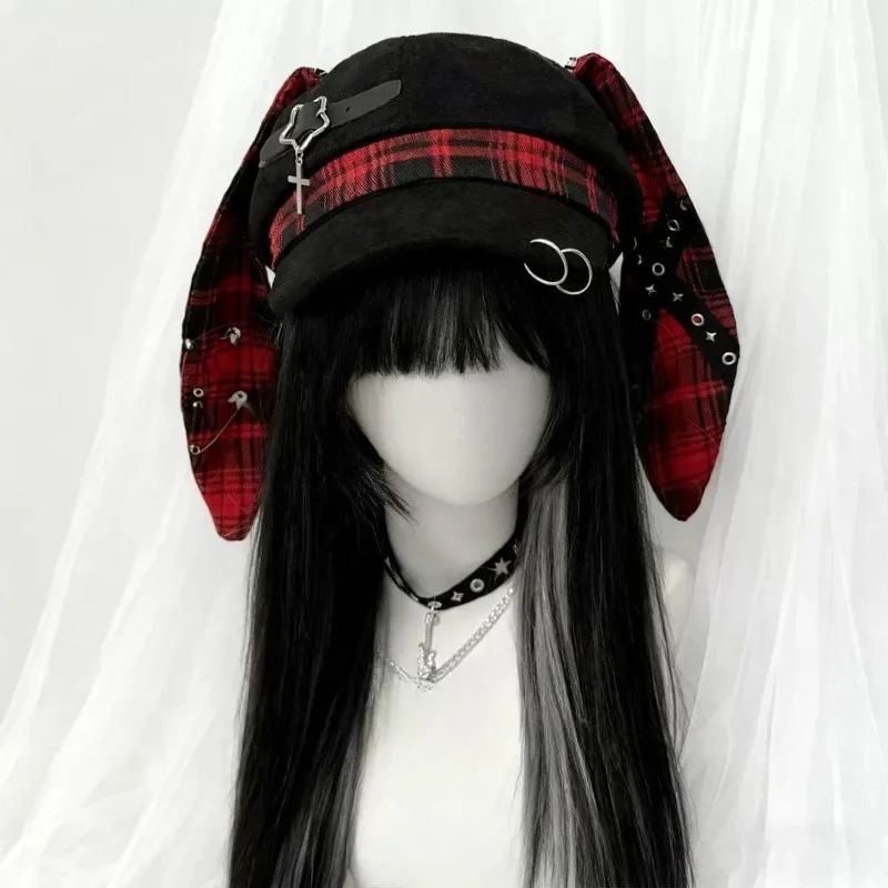 Women's Black Newsboy Cap Red Plaid Patch Rabbit Ear Safety Pin Stripe Ribbon Y2K Punk Harajuku Streetwear Fashion Hat
