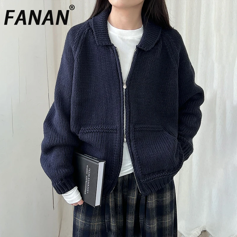 

FANAN Minimalism Knitting Sweater For Women Solid Double Zipper Design Korean Styl Loose Coats Warm Female Clothing Winter New