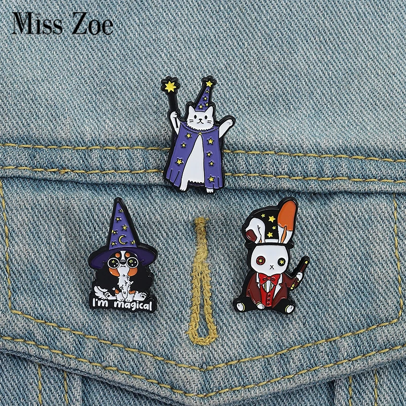 Tier Zauberer Emaille Pins Benutzerdefinierte Kaninchen Katze Hund Zauberer Broschen Revers Abzeichen Kleidung Tier Schmuck Geschenk für Kinder Freunde