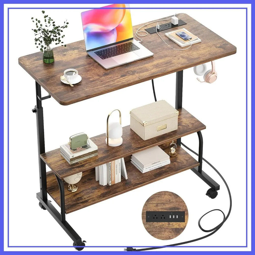 

32" Manual Height Adjustable Mobile Desk with Power Outlets, Small Portable Sit Stand Laptop Table for Home Office, Rustic Brown