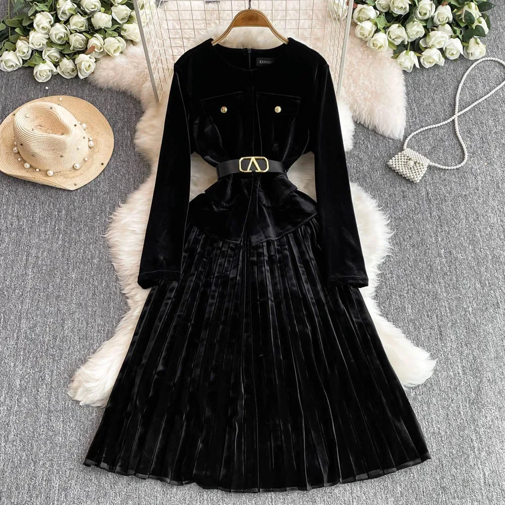 Elegant Long Sleeves Vintage O-neck Fashion Sashes Slim Pleated Dresses French Velvet Evening High Street Autumn Winter Clothing