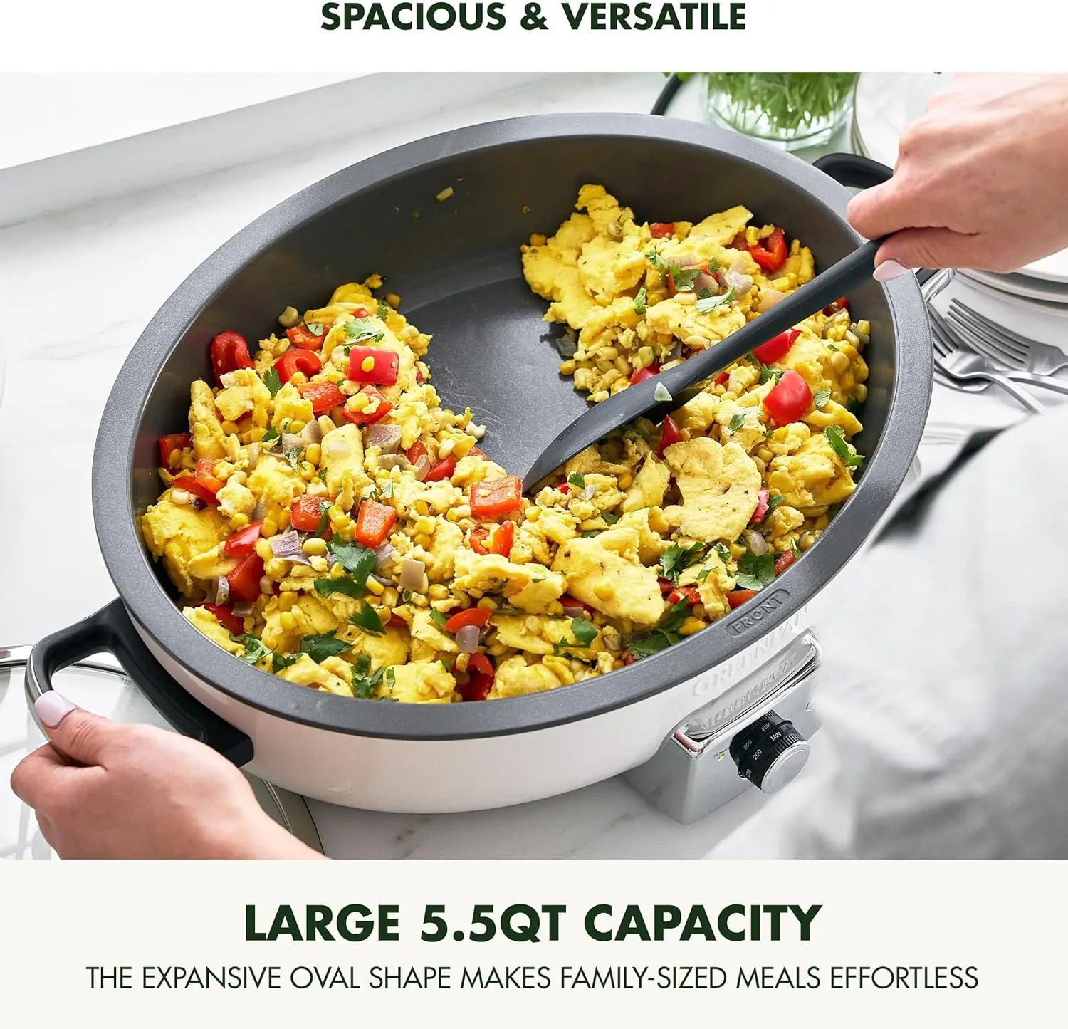 Elite 5.5QT Electric Oval Skillet, PFAS-Free Ceramic Nonstick, 1800 Watt, Dishwasher Safe Lid & Removable Crock, Adjustable Temp