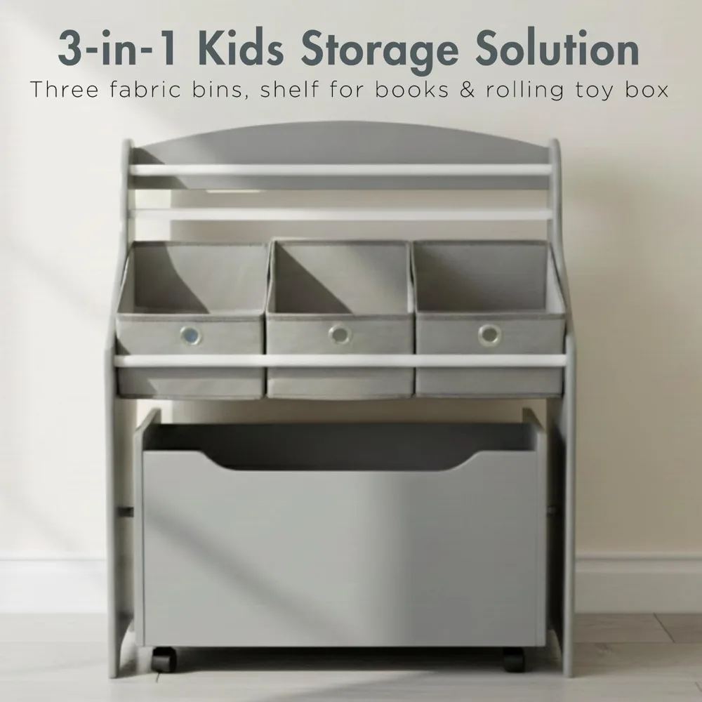 رف كتب للأطفال 3 في 1 ومنظم تخزين الألعاب مع صندوق دوار وصناديق قماش لغرفة اللعب في الحضانة