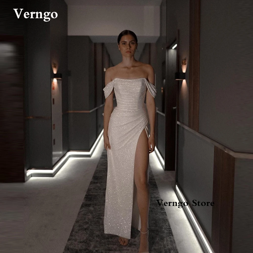 

Verngo Modern Glitter Wedding Dresses Off the Shoulder Sleeves Side Slit Big Bow Back Women Formal Dress Party Bride Gowns