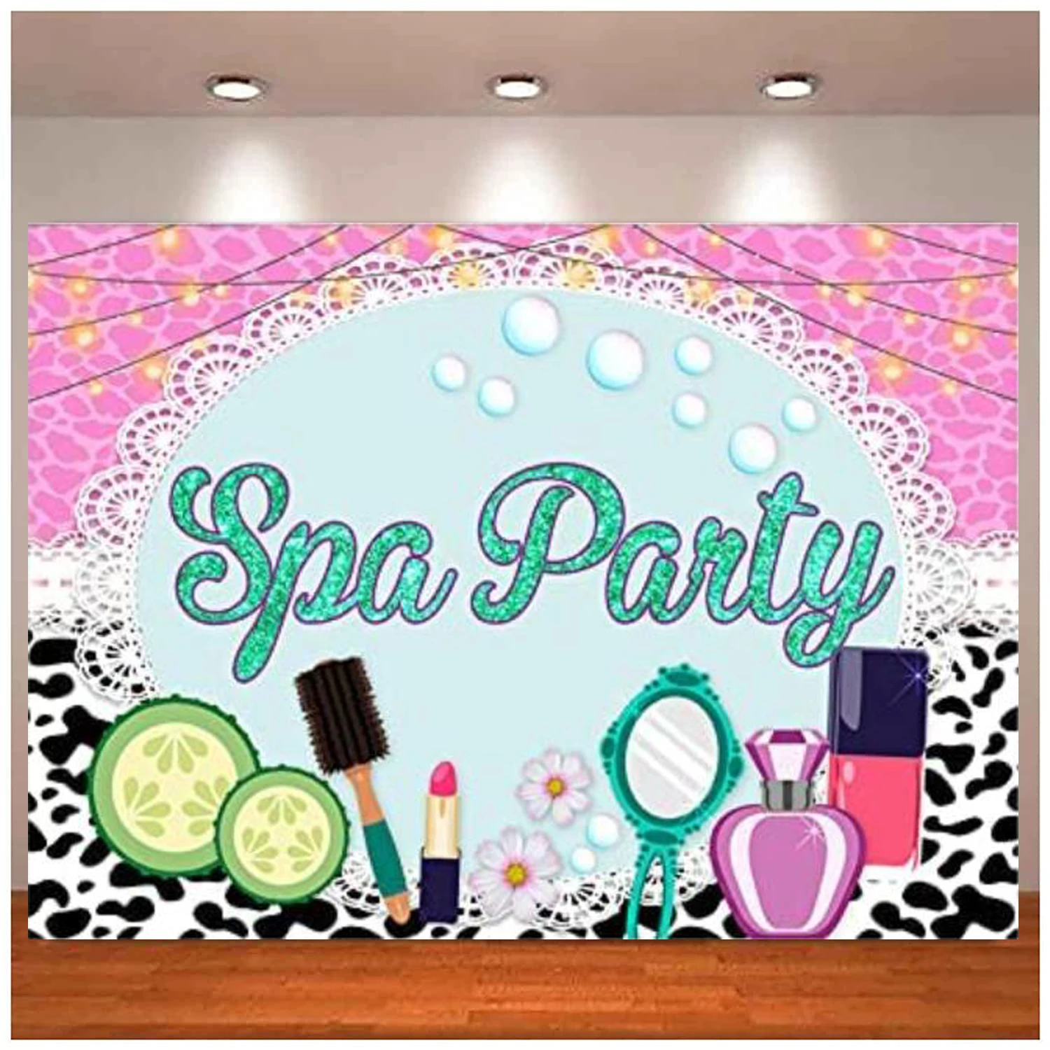 

Spa Party Photography Backdrop Makeup Mirror Lipstick Perfume Nail Polish Cow Print Dessert Table Banner Decoration Background