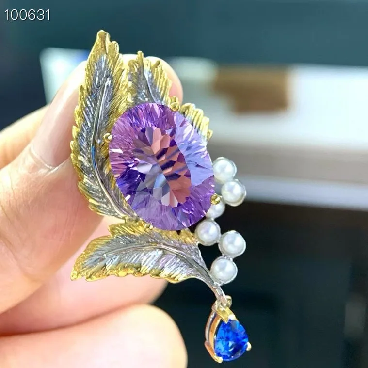 

Natural Purple Amethyst Pendant, 925 Silver Two-Tone Handmade Floral Gemstone Jewelry Gift for Women