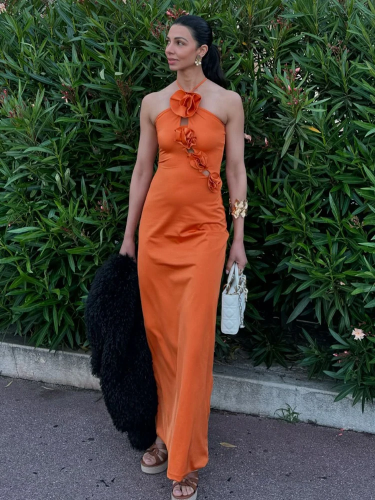 Vestido largo naranja Sexy con tirantes finos y cordones para mujer, vestido largo con cuello Halter en 3D con flores Stero recortadas, vestidos ajustados para fiesta de cóctel