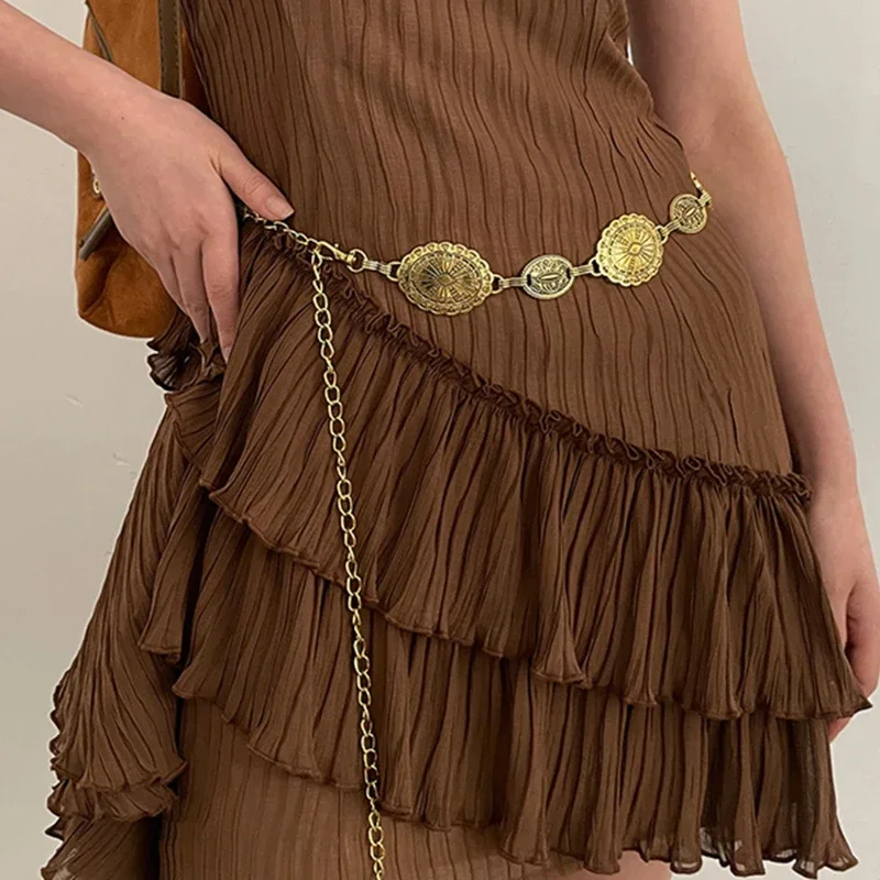 1 Piece Set of Waist Chain Accessories for Women's Retro Bohemian Ethnic Style High-end Silver Metal Chain Belt with Skirt Belt